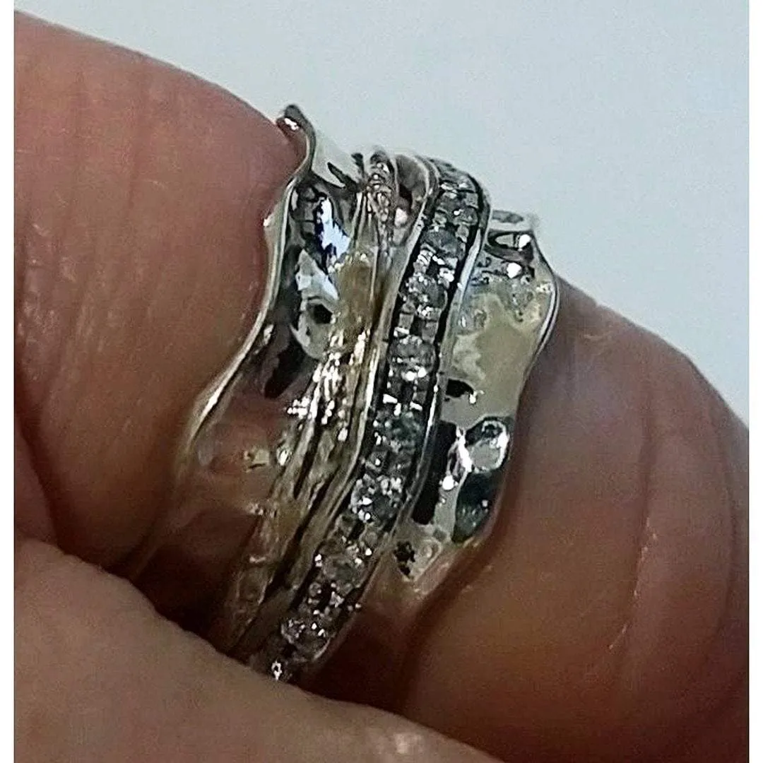 Meditation ring for woman,  cz zircons silver and gold spinning ring