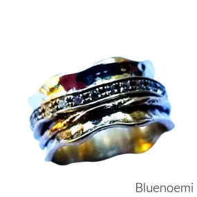 Meditation ring for woman,  cz zircons silver and gold spinning ring