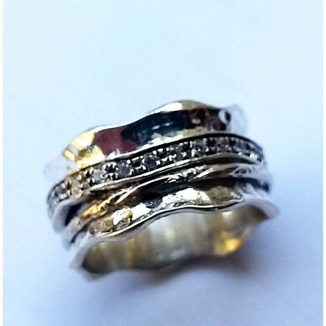 Meditation ring for woman,  cz zircons silver and gold spinning ring