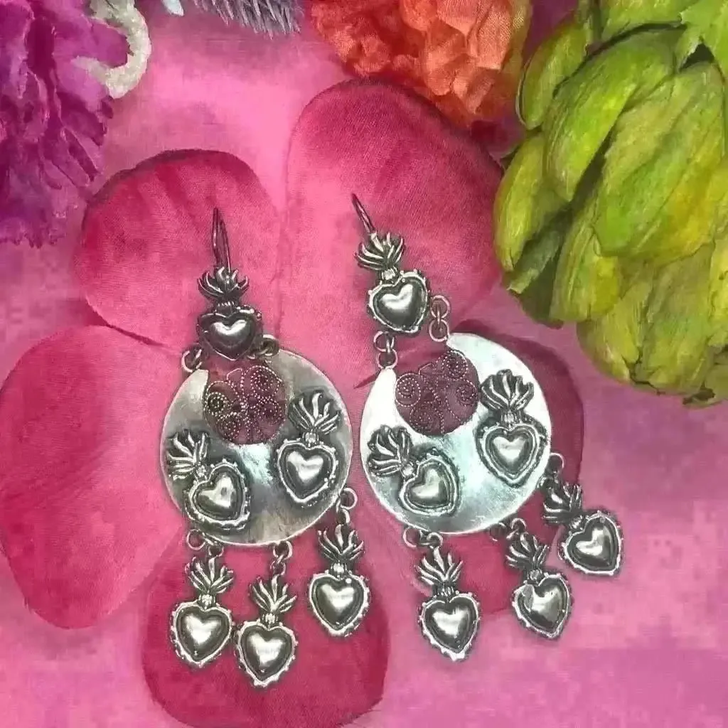 Mexican Oaxacan silver earrings with hearts