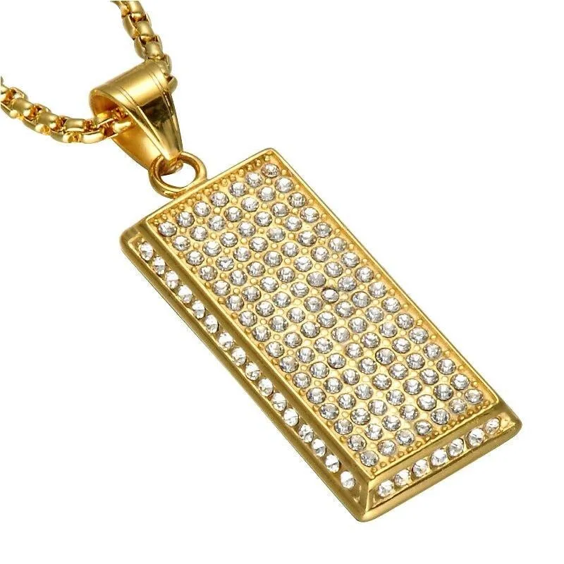 Micro Paved Rhinestone-Studded Gold-Plated Dog Tag Bling Stainless Steel Hip-hop Pendant Necklace