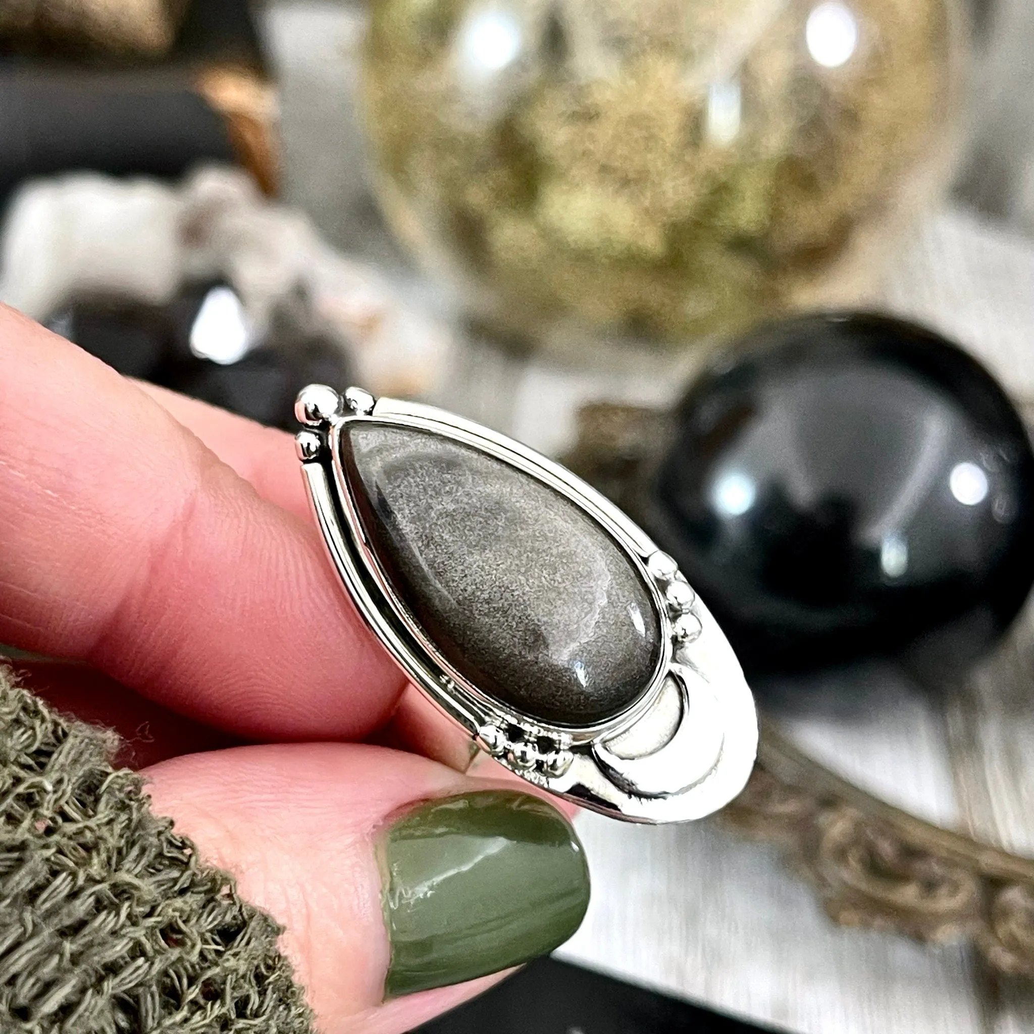 Midnight Moon Crystal Ring Silver Sheen Obsidian in Sterling Silver / Designed by FOXLARK - Adjustable to Size 6 7 8 9