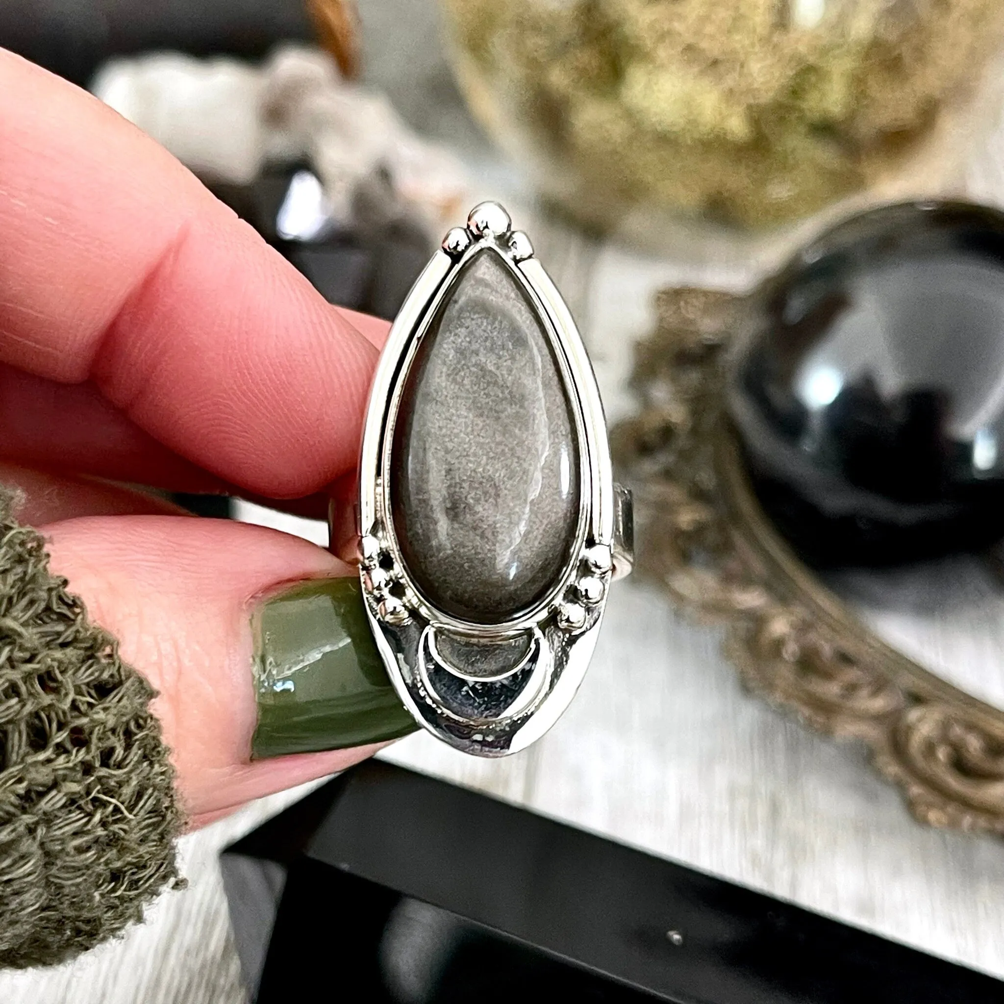 Midnight Moon Crystal Ring Silver Sheen Obsidian in Sterling Silver / Designed by FOXLARK - Adjustable to Size 6 7 8 9