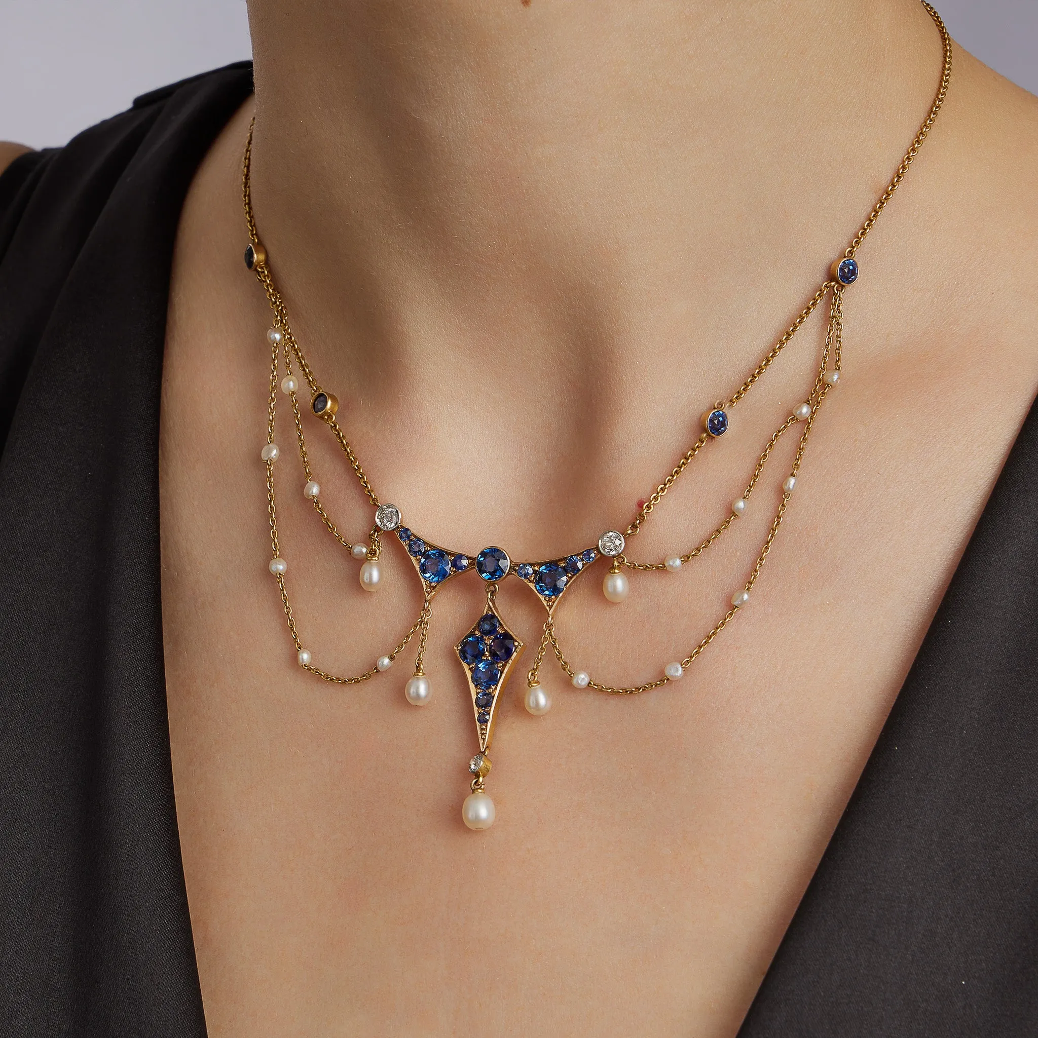 Montana Sapphire, Seed Pearl and Diamond Garland Necklace