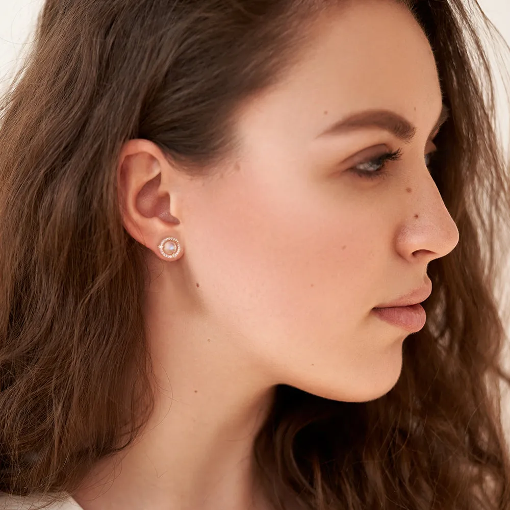 Moonstone and White Sapphire Halo Stud Earrings