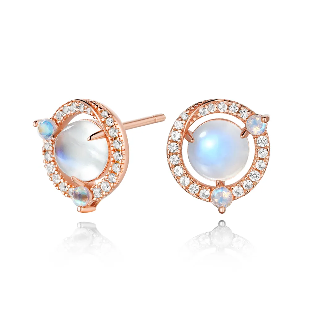 Moonstone and White Sapphire Halo Stud Earrings