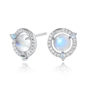 Moonstone and White Sapphire Halo Stud Earrings