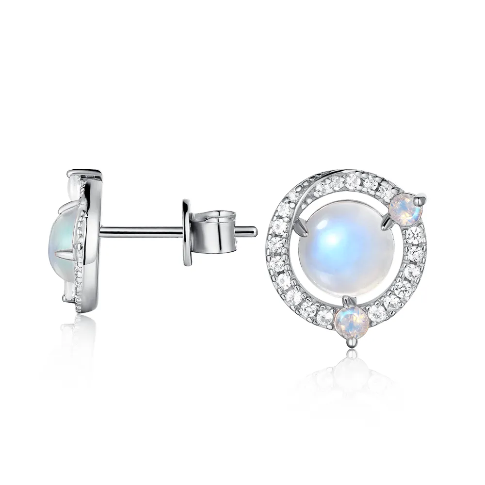 Moonstone and White Sapphire Halo Stud Earrings