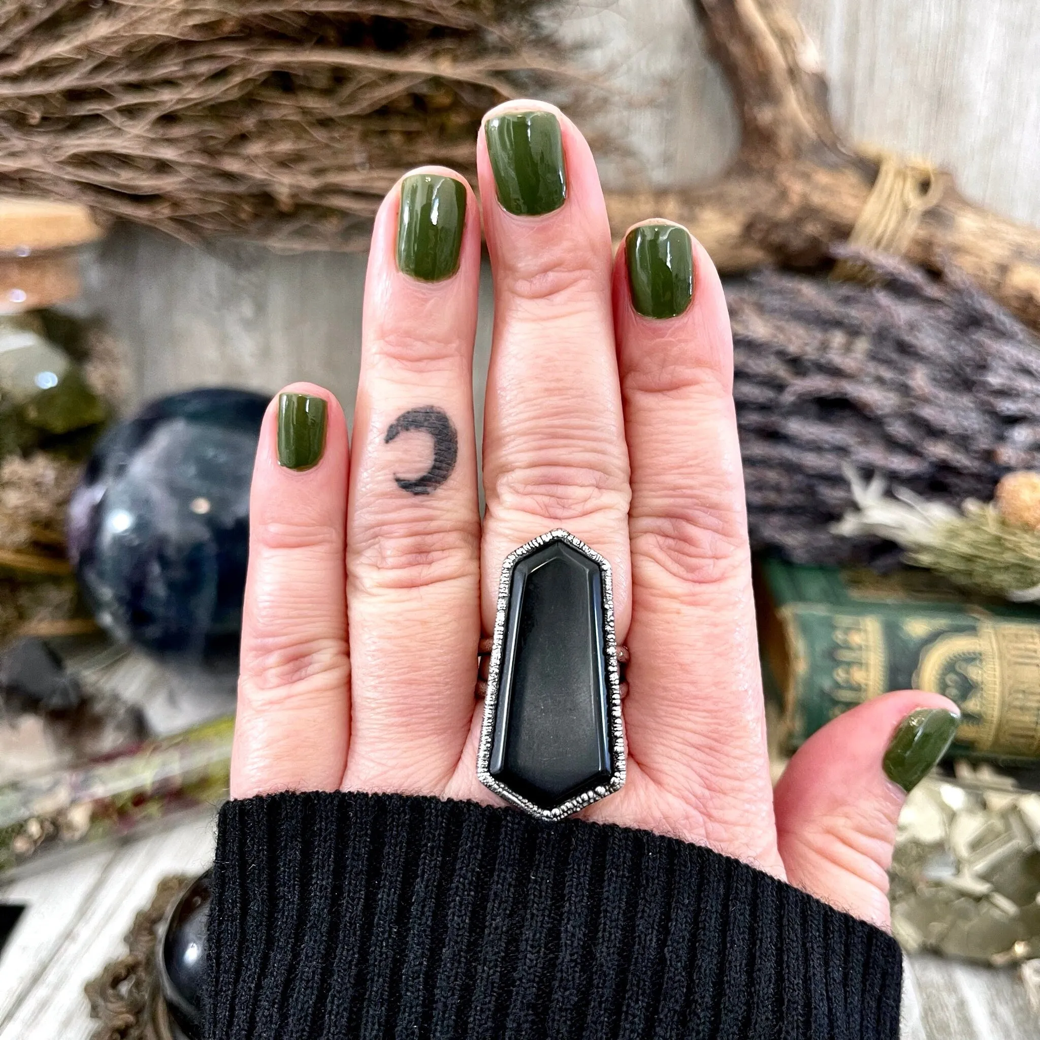 Natural Black Onyx Geometric Stone Ring in Fine Silver Size 7 8 9 / Foxlark Collection