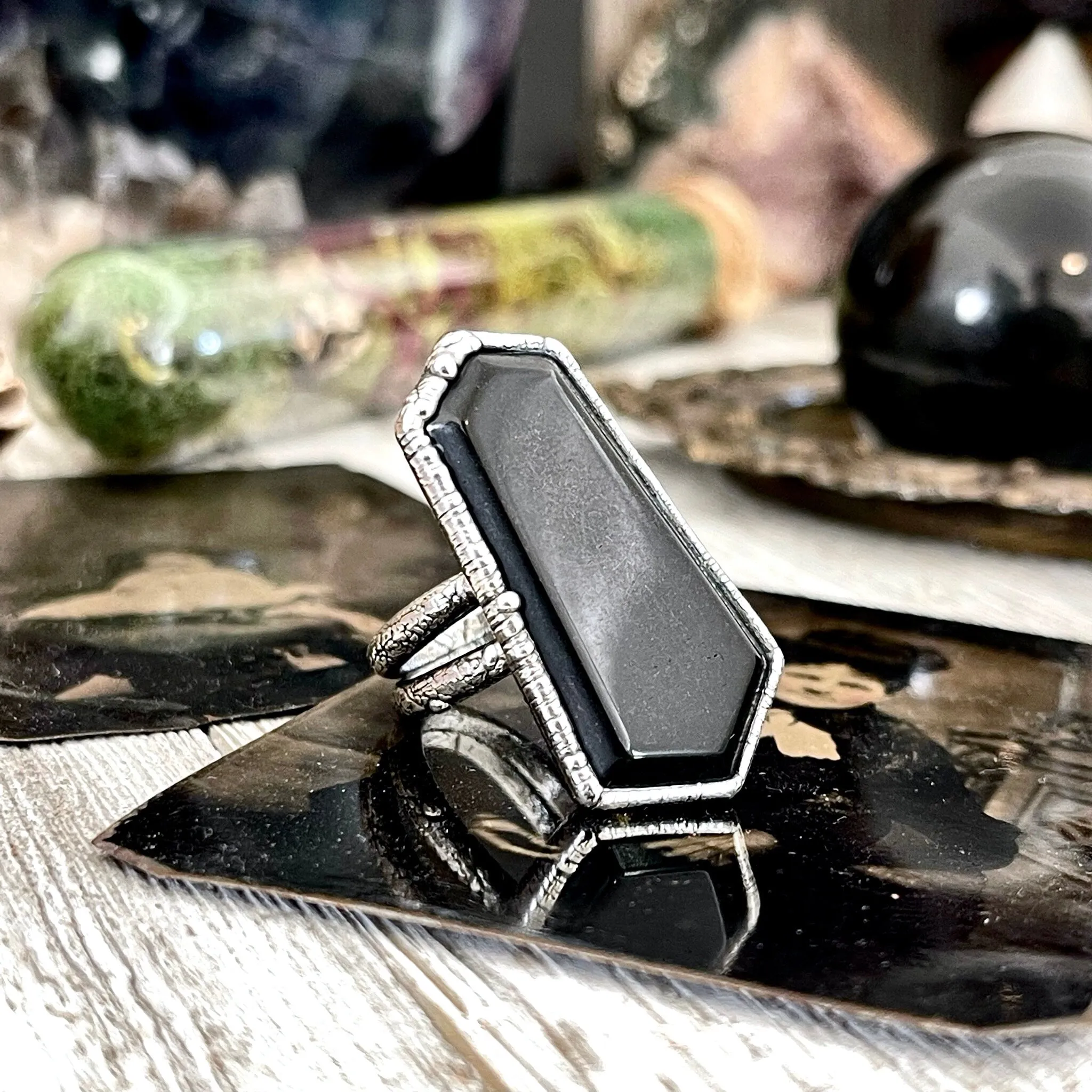 Natural Black Onyx Geometric Stone Ring in Fine Silver Size 7 8 9 / Foxlark Collection