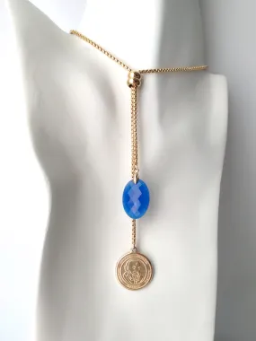 Oval Blue Jade with Padre Pio Slider Necklace