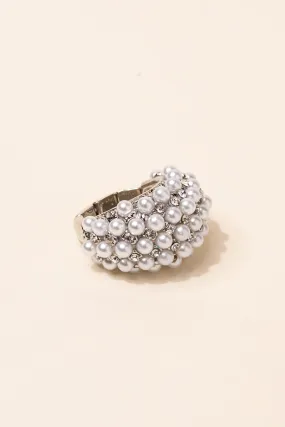 Paved Rhinestone and Pearl Bead Ring