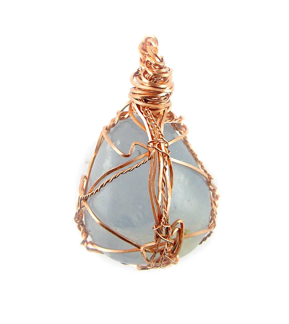 Polished Blue Celestite Pendant Necklace, Copper Wire-Wrapped, with 20 Chain, Handmade #1