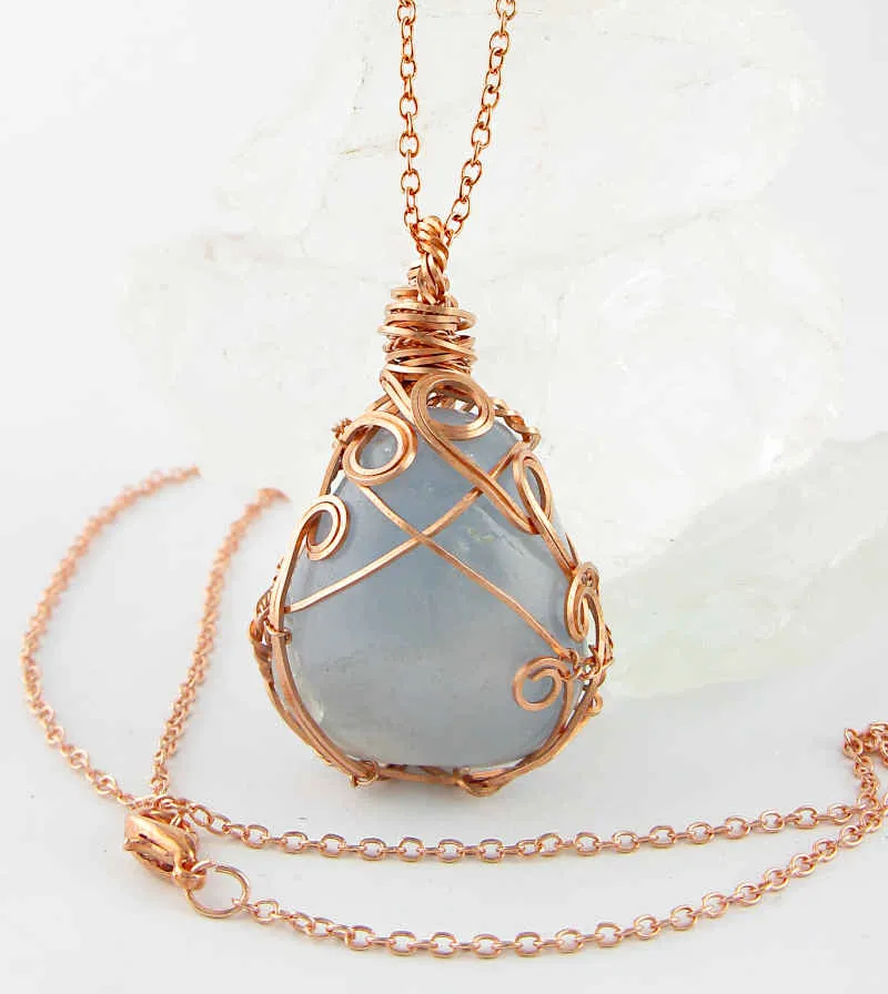 Polished Blue Celestite Pendant Necklace, Copper Wire-Wrapped, with 20 Chain, Handmade #1