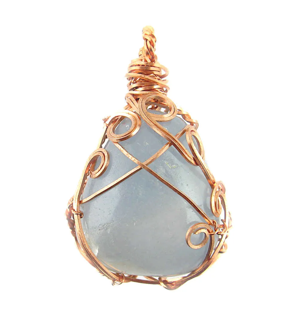 Polished Blue Celestite Pendant Necklace, Copper Wire-Wrapped, with 20 Chain, Handmade #1