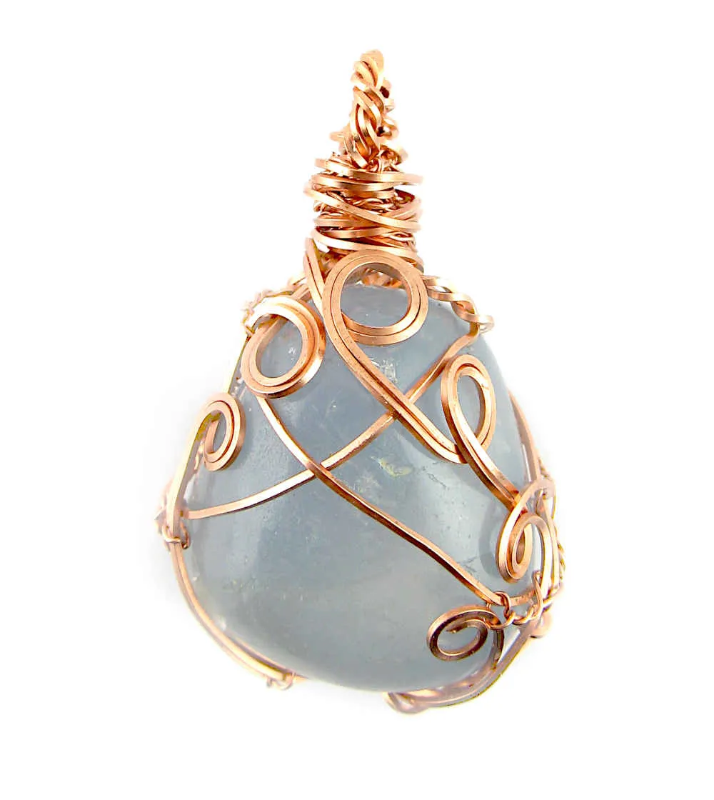 Polished Blue Celestite Pendant Necklace, Copper Wire-Wrapped, with 20 Chain, Handmade #1