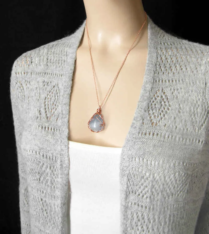 Polished Blue Celestite Pendant Necklace, Copper Wire-Wrapped, with 20 Chain, Handmade #1