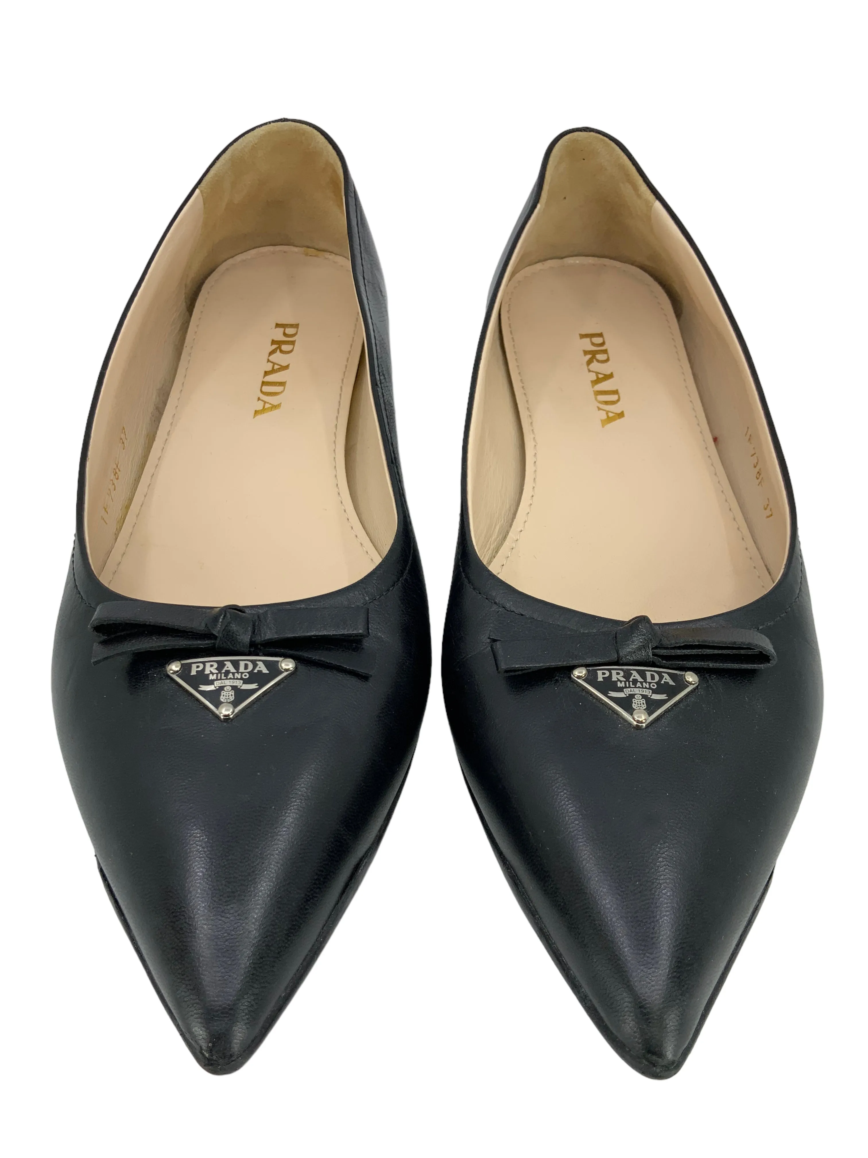 Prada Leather Triangle Logo Point Toe Bow Flats Size 7