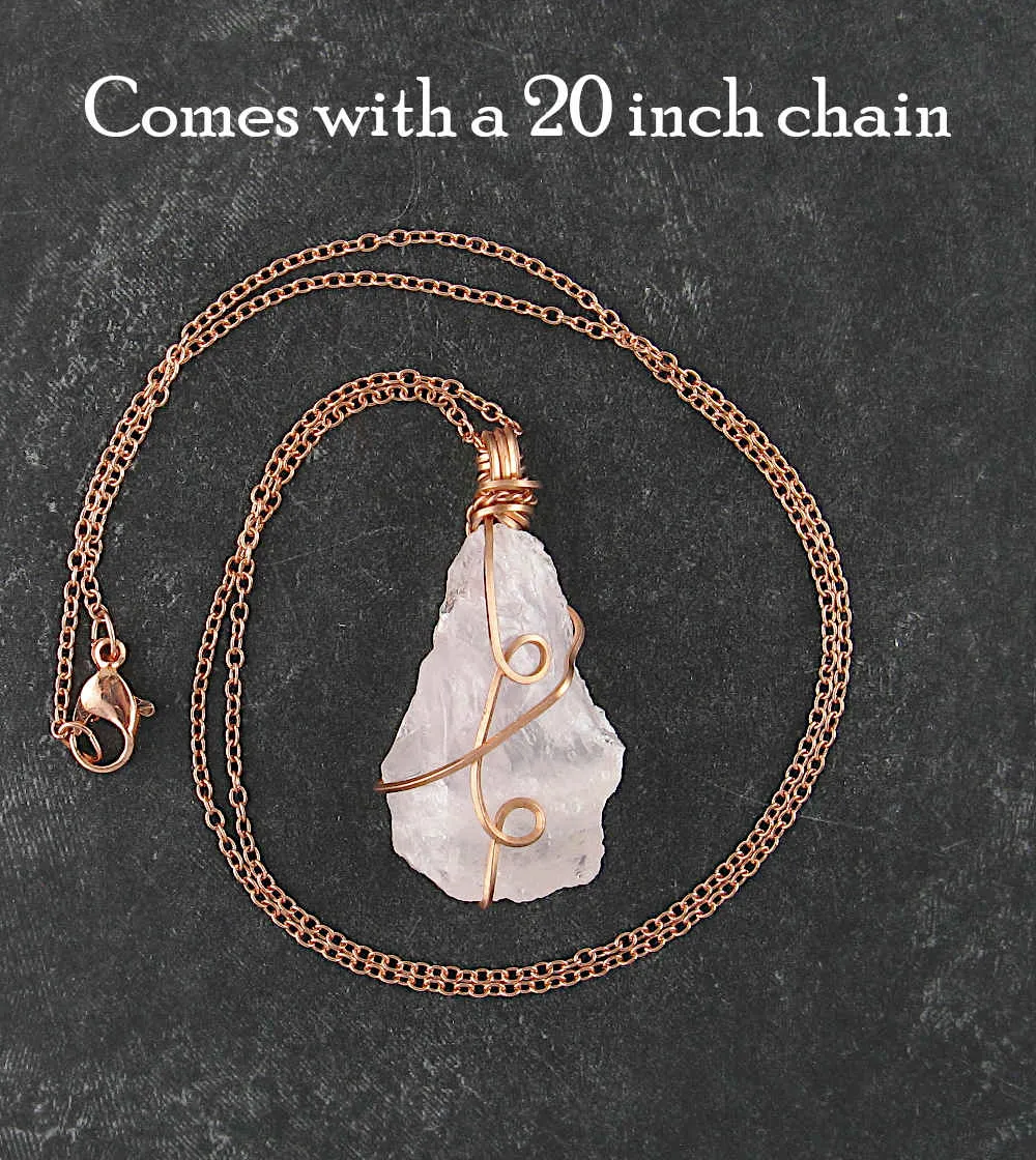 Raw Rose Quartz Crystal Pendant, Copper Wire-Wrapped, Handmade