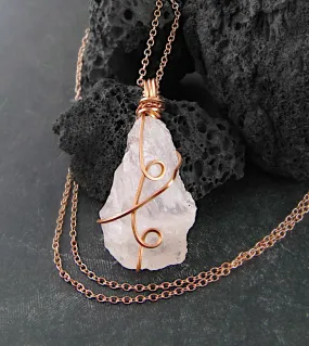 Raw Rose Quartz Crystal Pendant, Copper Wire-Wrapped, Handmade