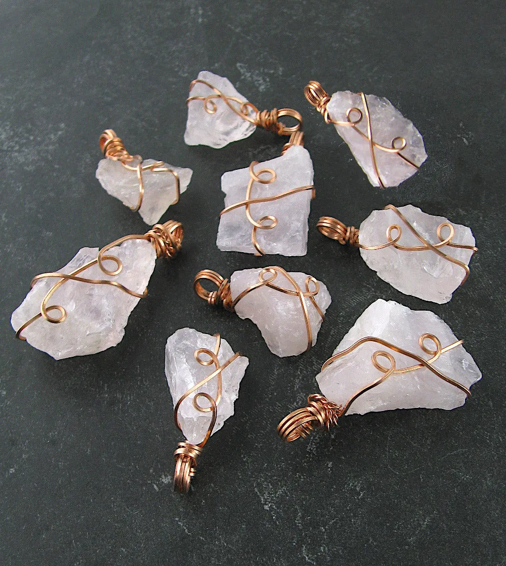 Raw Rose Quartz Crystal Pendant, Copper Wire-Wrapped, Handmade