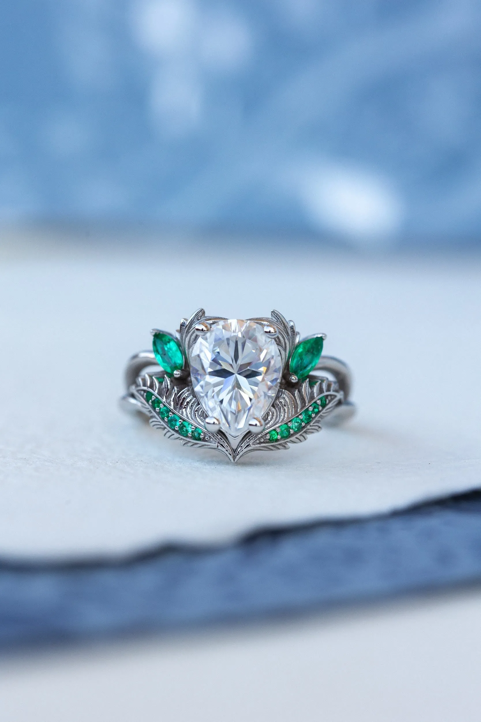 READY TO SHIP: Adonis ring set in 14K white gold, moissanite pear cut 9x7 mm, accent moissanite and natural emeralds, AVAILABLE RING SIZES: 4.25-6.25US