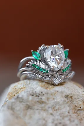 READY TO SHIP: Adonis ring set in 14K white gold, moissanite pear cut 9x7 mm, accent moissanite and natural emeralds, AVAILABLE RING SIZES: 4.25-6.25US