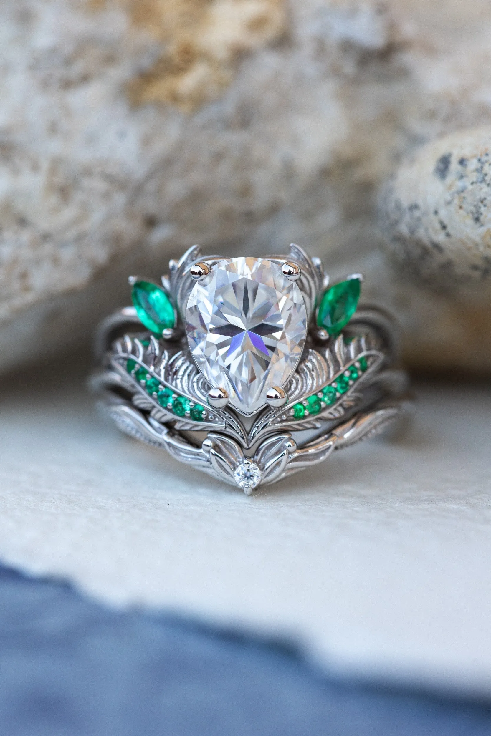 READY TO SHIP: Adonis ring set in 14K white gold, moissanite pear cut 9x7 mm, accent moissanite and natural emeralds, AVAILABLE RING SIZES: 4.25-6.25US