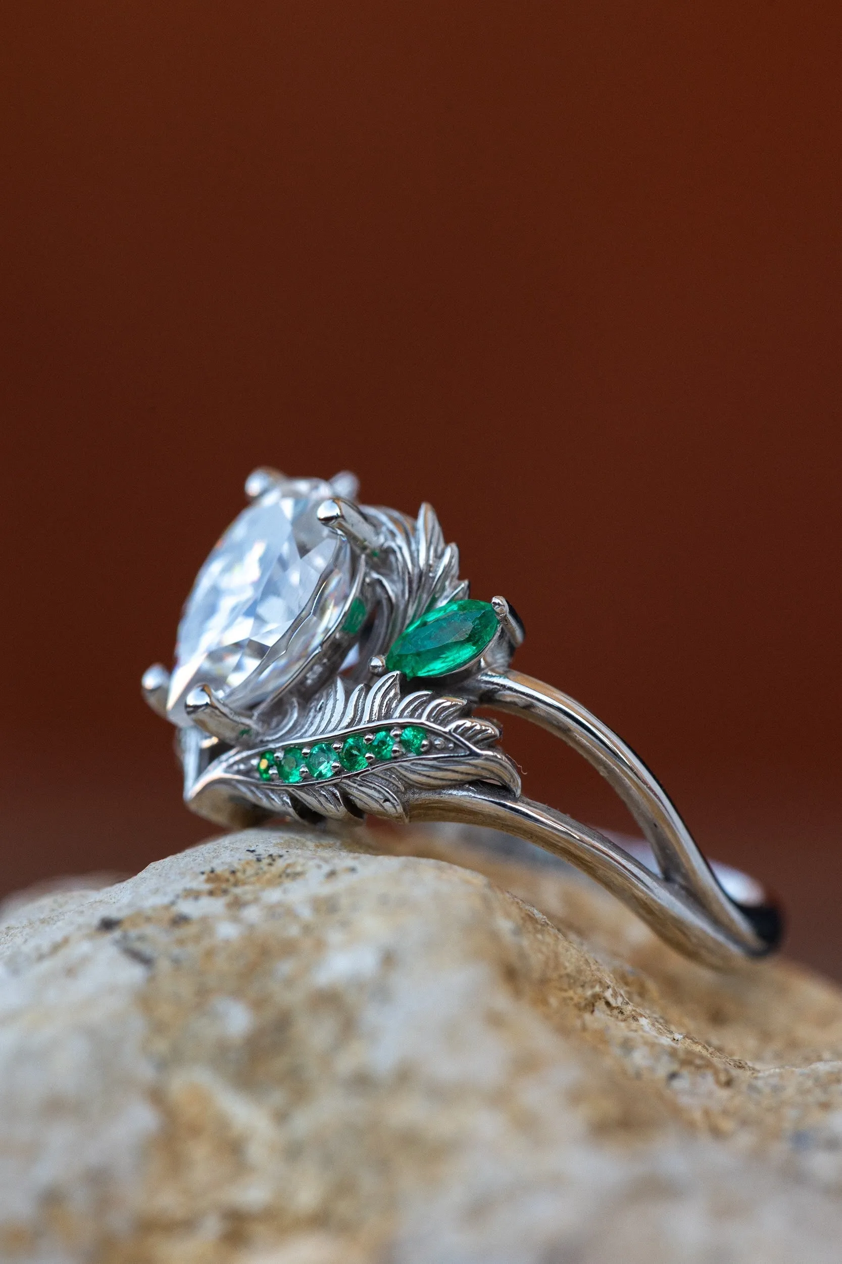 READY TO SHIP: Adonis ring set in 14K white gold, moissanite pear cut 9x7 mm, accent moissanite and natural emeralds, AVAILABLE RING SIZES: 4.25-6.25US