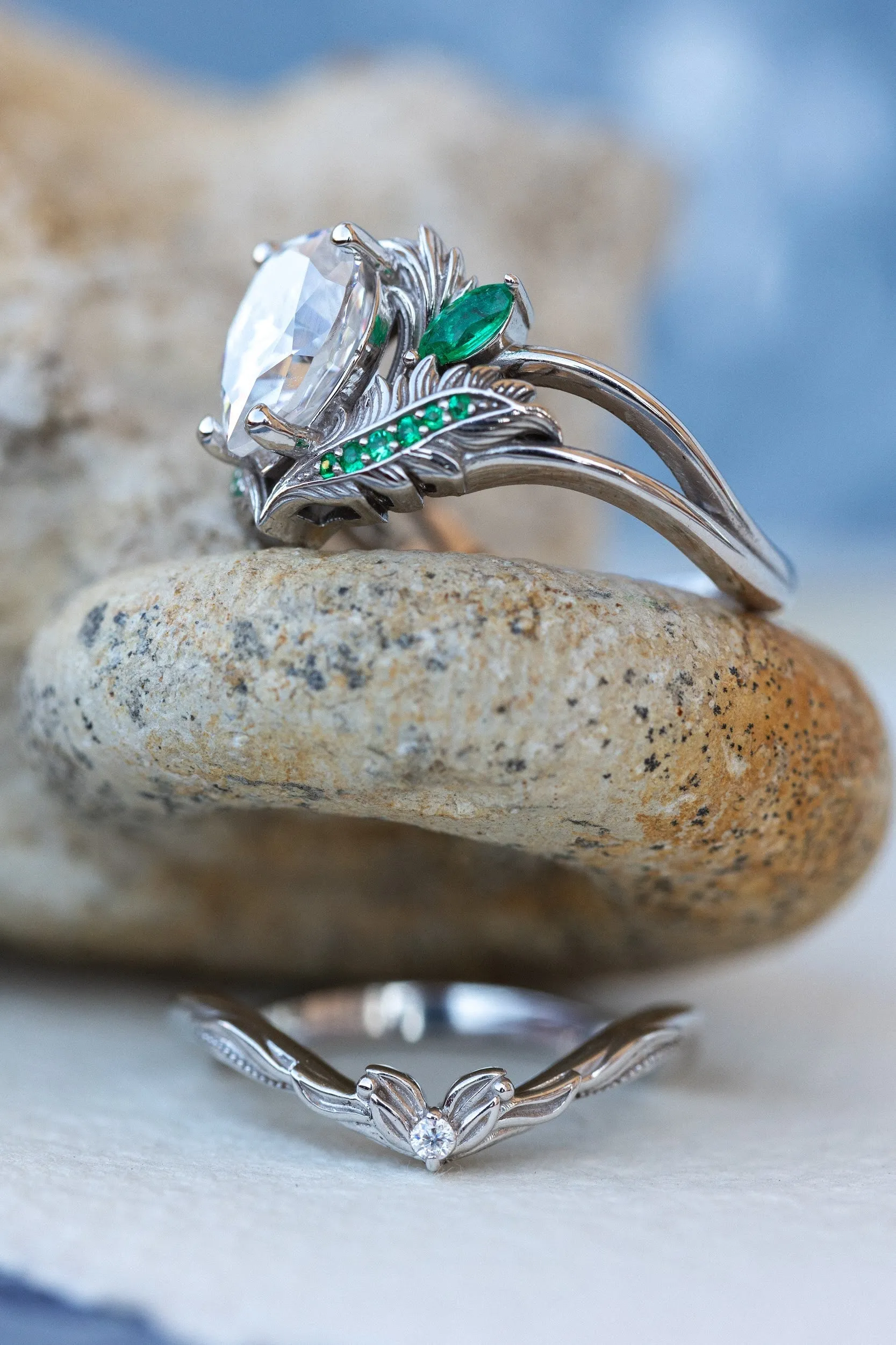 READY TO SHIP: Adonis ring set in 14K white gold, moissanite pear cut 9x7 mm, accent moissanite and natural emeralds, AVAILABLE RING SIZES: 4.25-6.25US