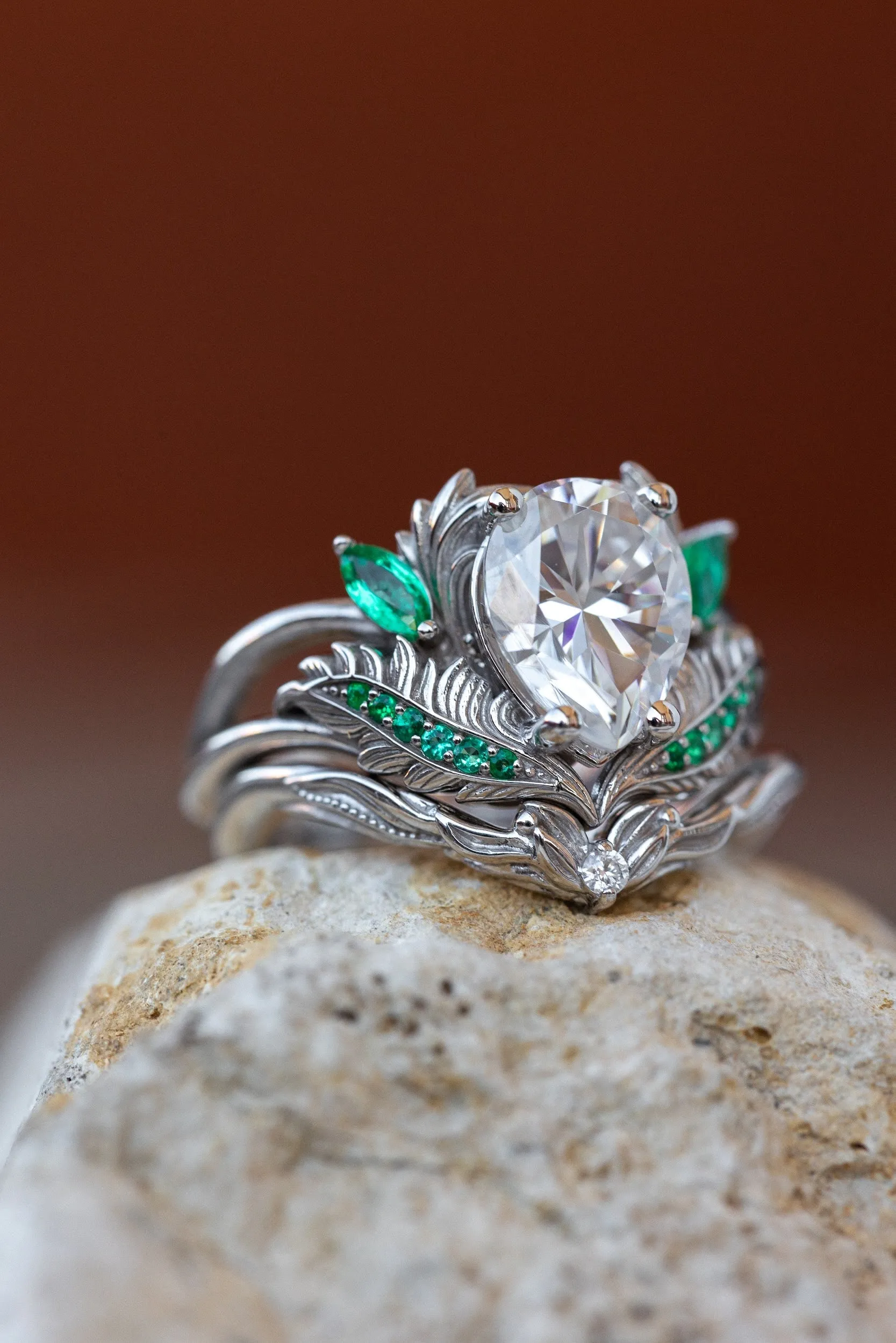 READY TO SHIP: Adonis ring set in 14K white gold, moissanite pear cut 9x7 mm, accent moissanite and natural emeralds, AVAILABLE RING SIZES: 4.25-6.25US