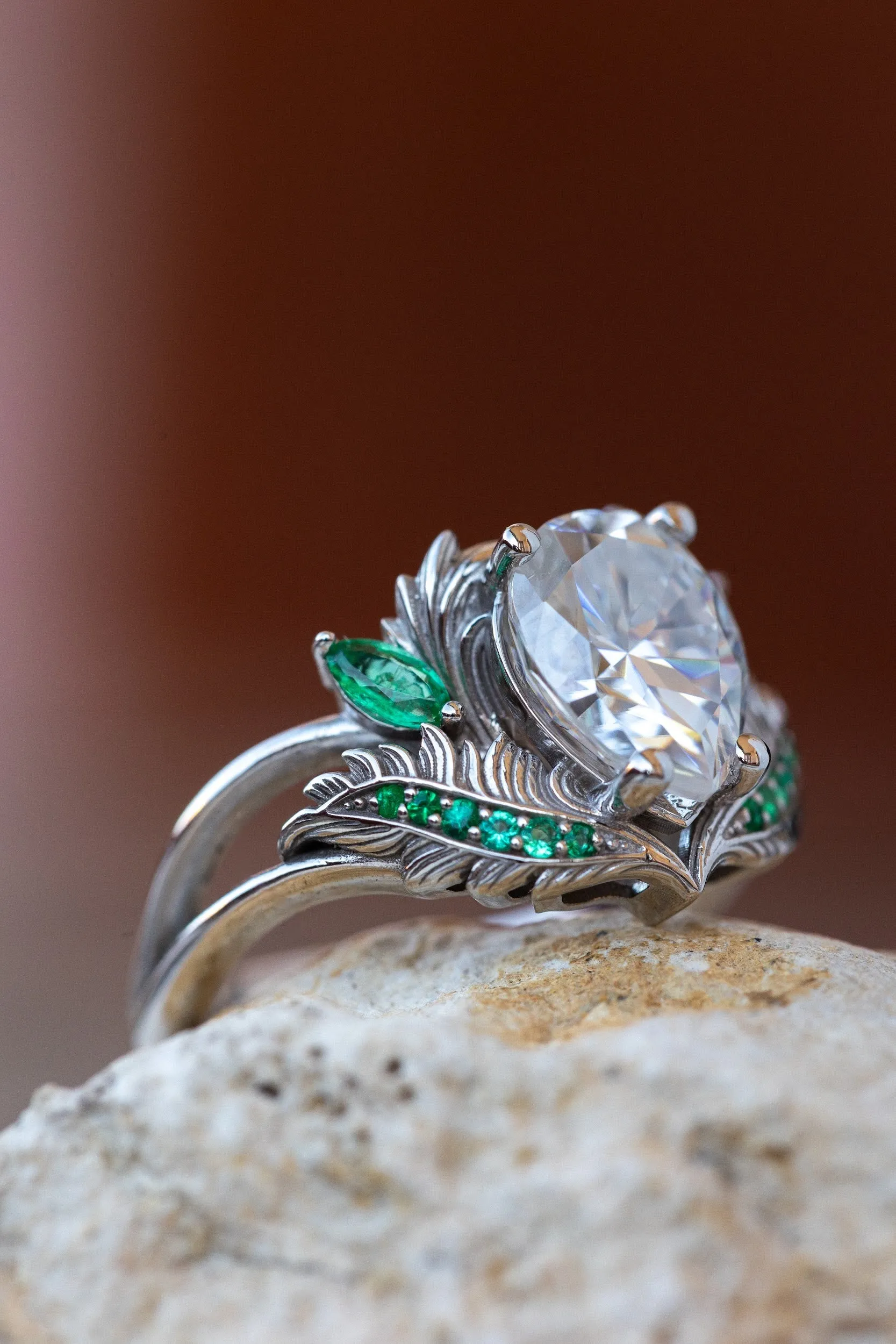 READY TO SHIP: Adonis ring set in 14K white gold, moissanite pear cut 9x7 mm, accent moissanite and natural emeralds, AVAILABLE RING SIZES: 4.25-6.25US