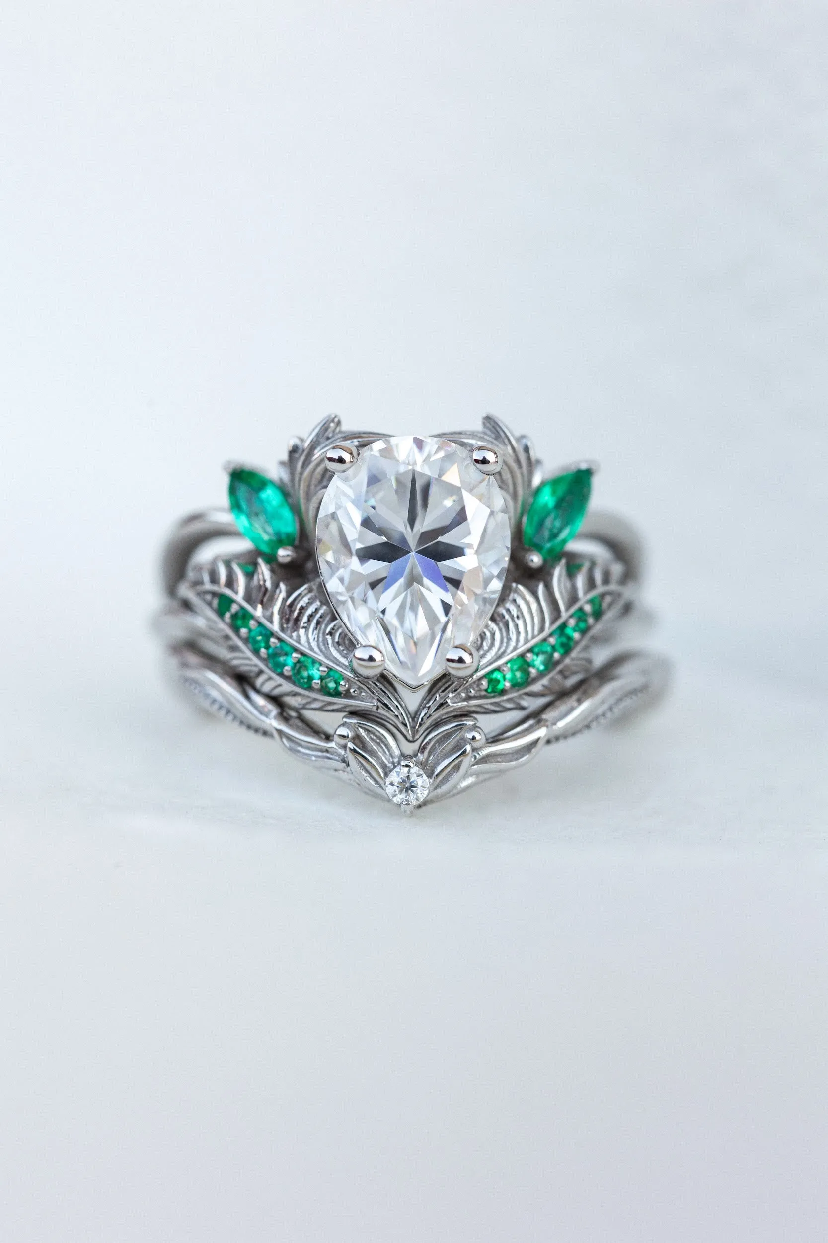 READY TO SHIP: Adonis ring set in 14K white gold, moissanite pear cut 9x7 mm, accent moissanite and natural emeralds, AVAILABLE RING SIZES: 4.25-6.25US