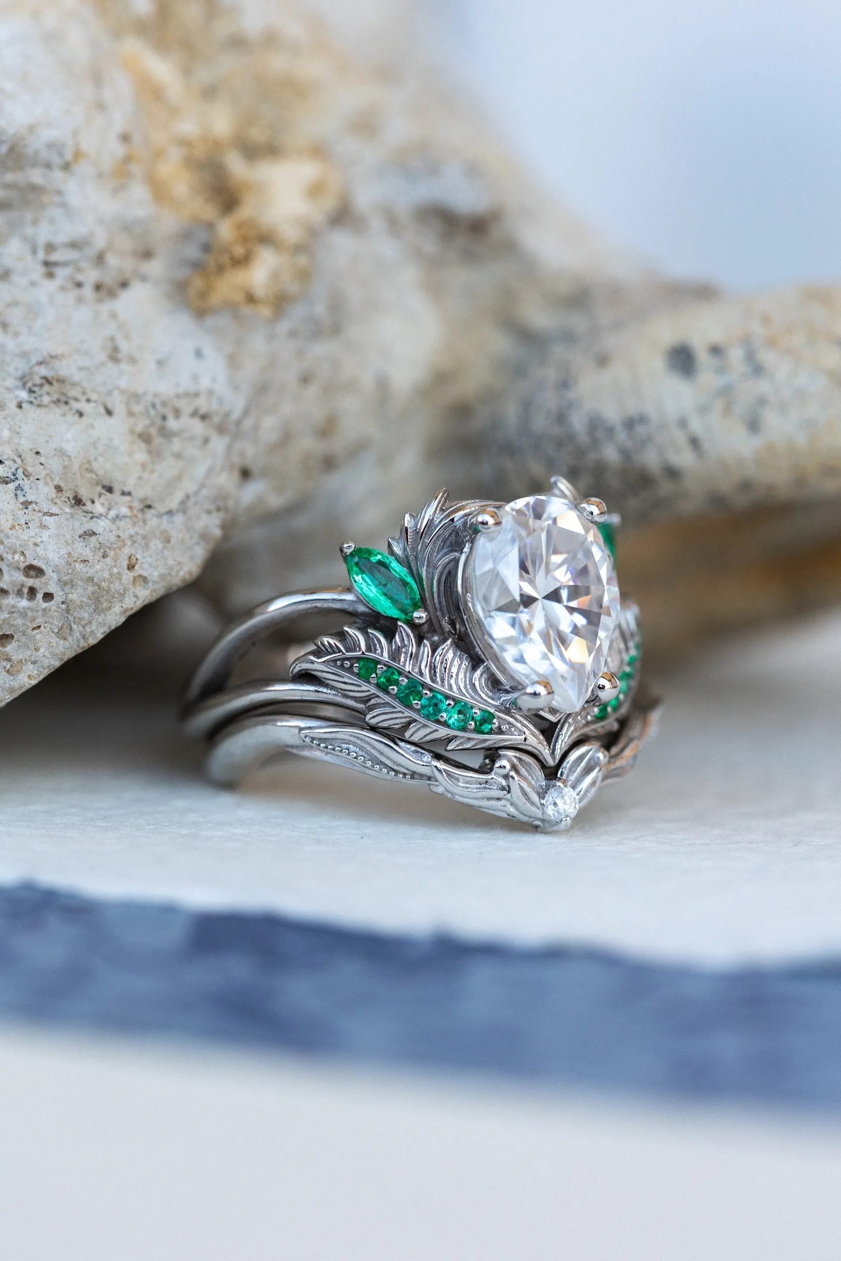 READY TO SHIP: Adonis ring set in 14K white gold, moissanite pear cut 9x7 mm, accent moissanite and natural emeralds, AVAILABLE RING SIZES: 4.25-6.25US