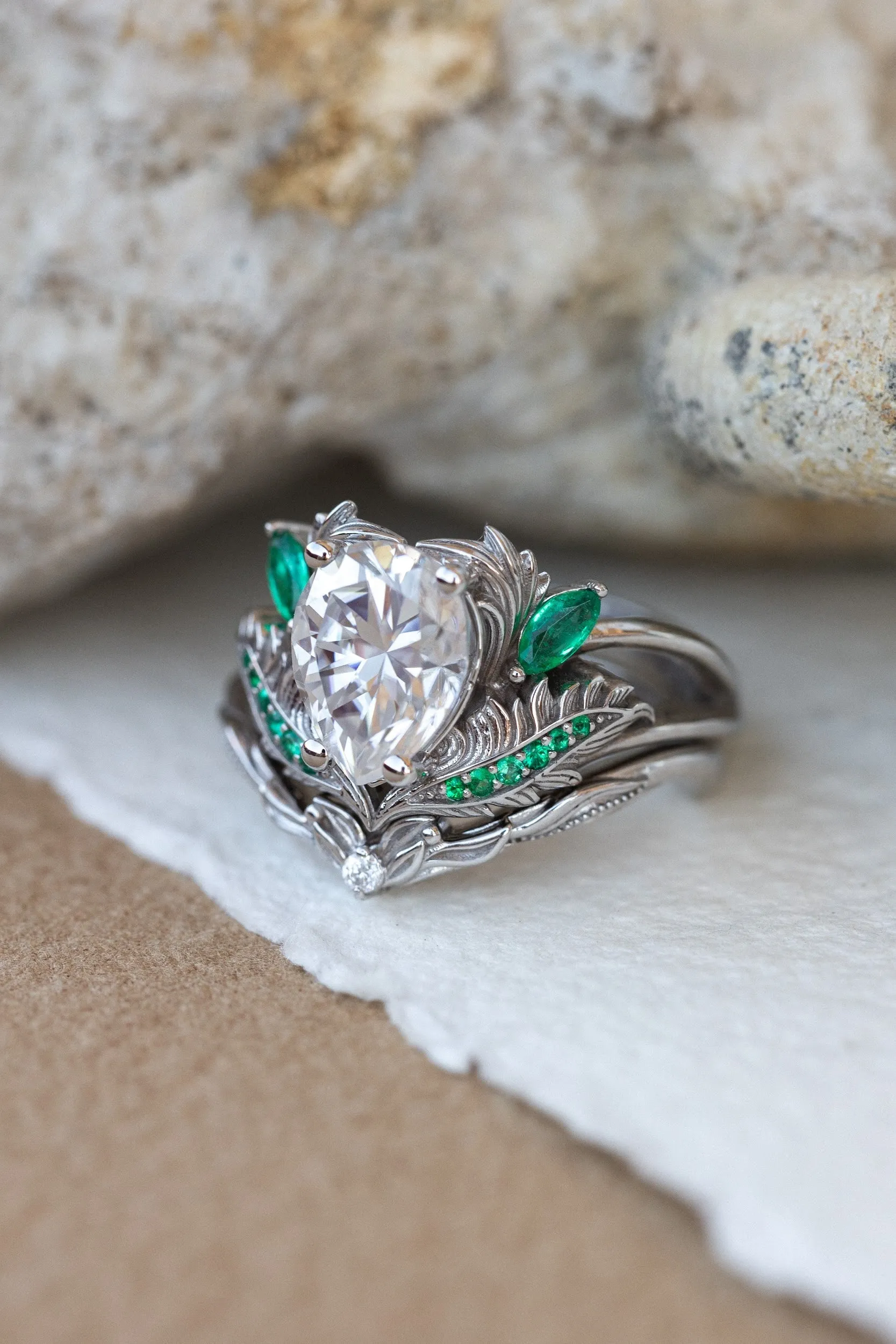 READY TO SHIP: Adonis ring set in 14K white gold, moissanite pear cut 9x7 mm, accent moissanite and natural emeralds, AVAILABLE RING SIZES: 4.25-6.25US