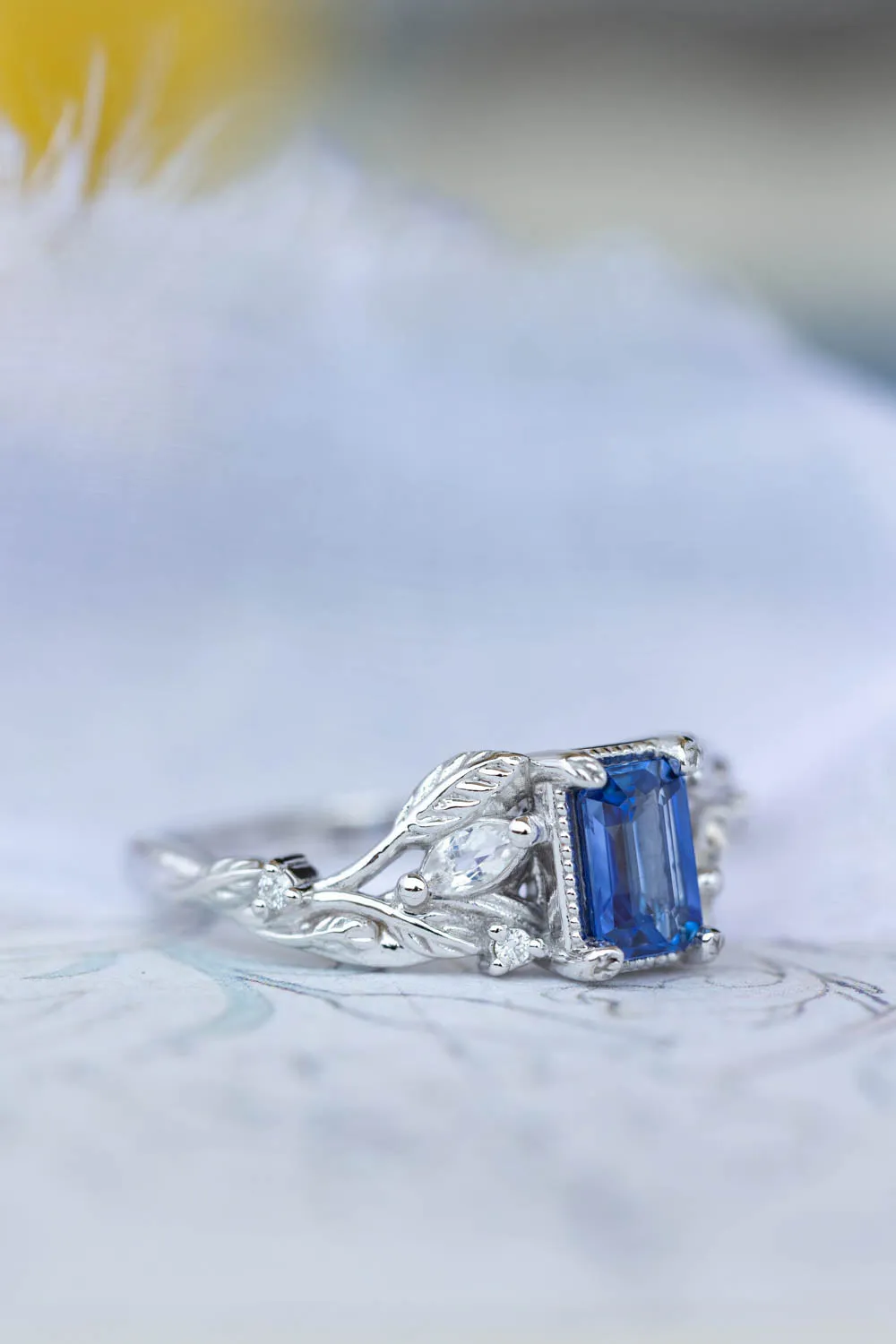 READY TO SHIP: Patricia ring in 14K white gold, natural sapphire emerald cut 6x4 mm, accents moonstones and natural diamonds, AVAILABLE RING SIZES: 6-8US