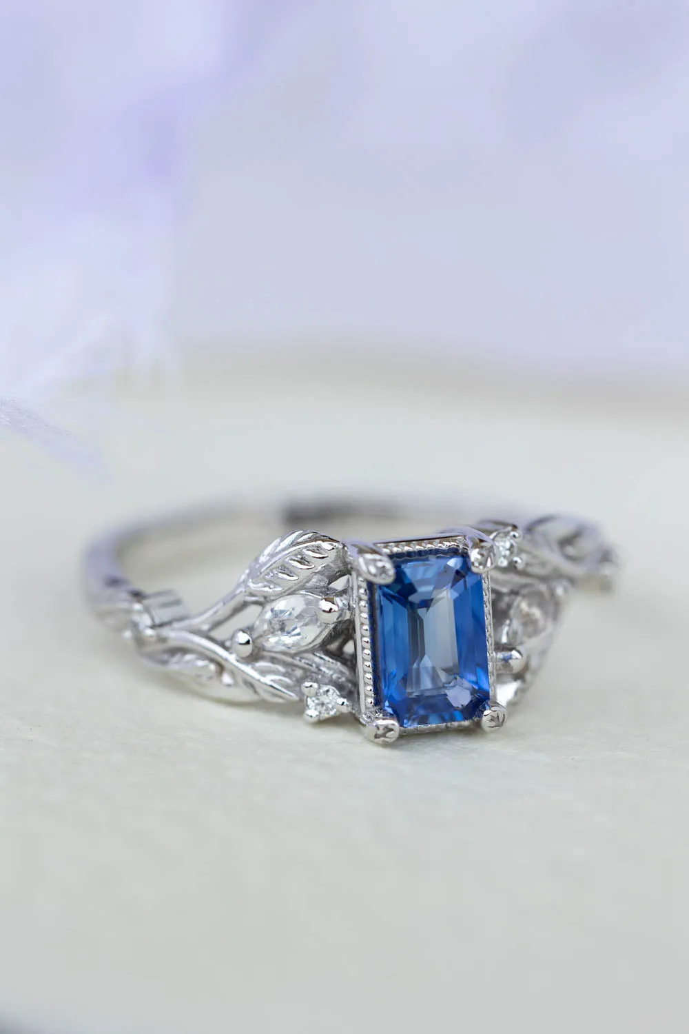 READY TO SHIP: Patricia ring in 14K white gold, natural sapphire emerald cut 6x4 mm, accents moonstones and natural diamonds, AVAILABLE RING SIZES: 6-8US