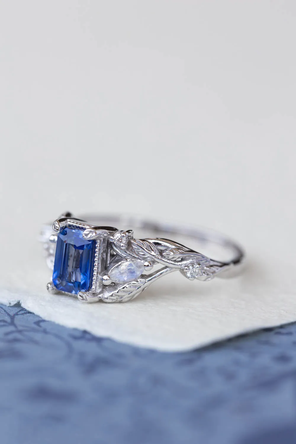 READY TO SHIP: Patricia ring in 14K white gold, natural sapphire emerald cut 6x4 mm, accents moonstones and natural diamonds, AVAILABLE RING SIZES: 6-8US