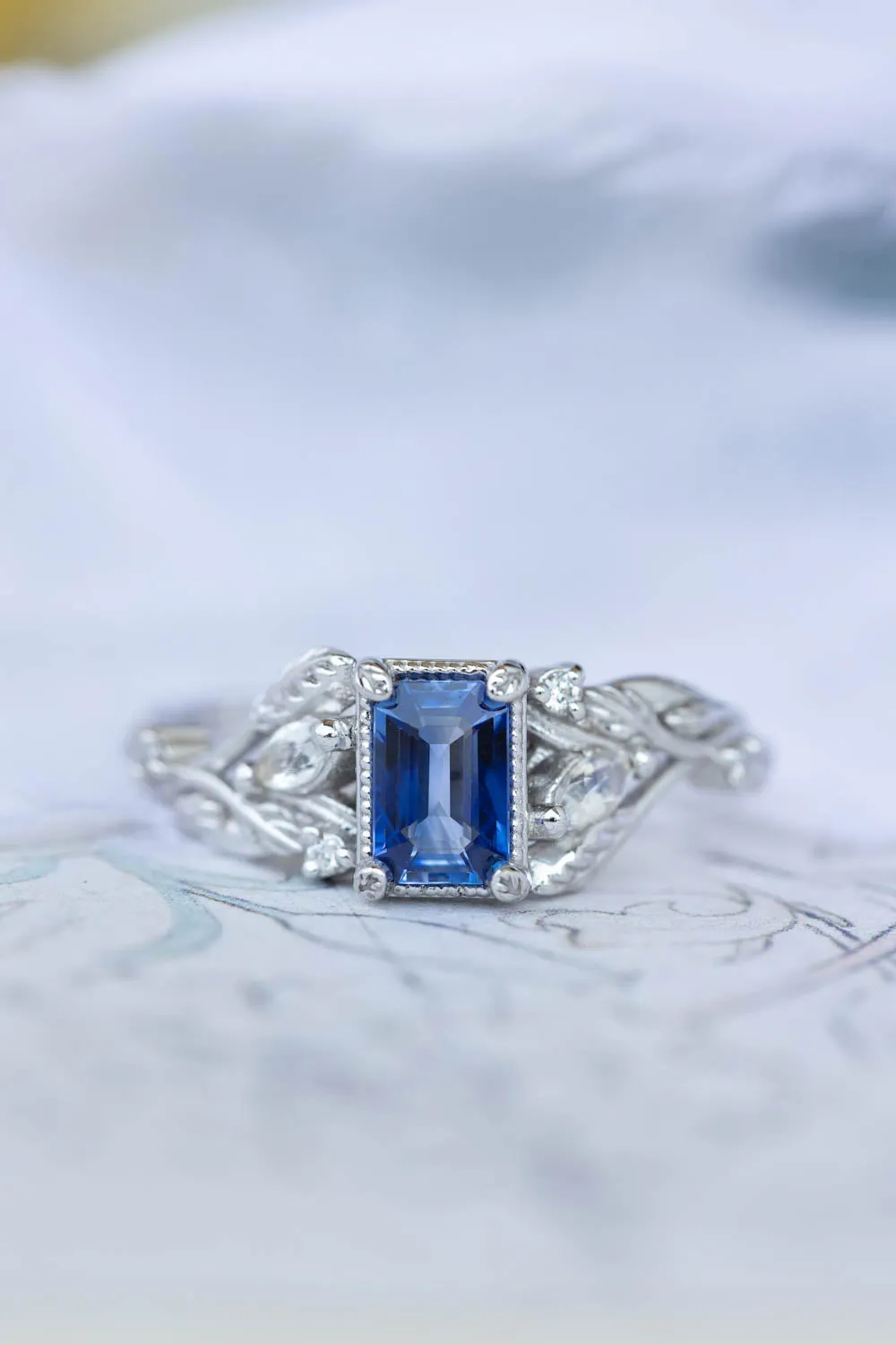 READY TO SHIP: Patricia ring in 14K white gold, natural sapphire emerald cut 6x4 mm, accents moonstones and natural diamonds, AVAILABLE RING SIZES: 6-8US