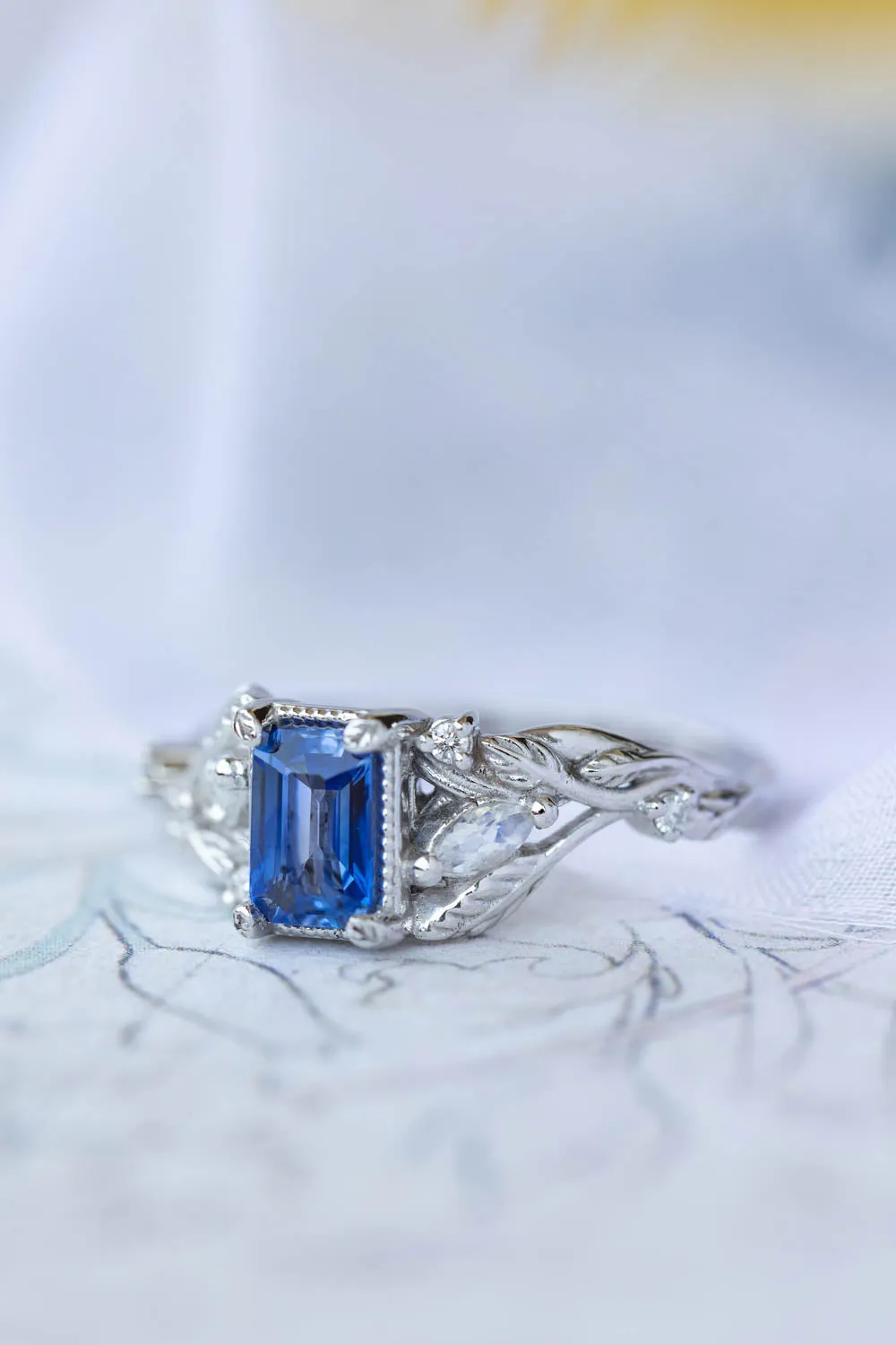 READY TO SHIP: Patricia ring in 14K white gold, natural sapphire emerald cut 6x4 mm, accents moonstones and natural diamonds, AVAILABLE RING SIZES: 6-8US