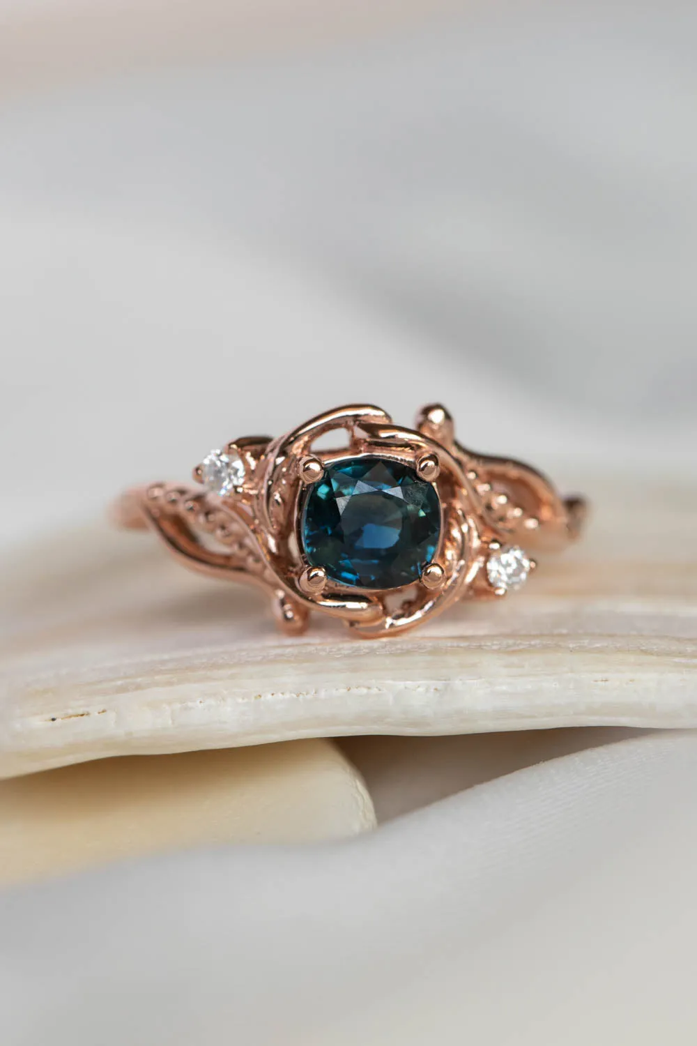 READY TO SHIP: Undina in 14K rose gold, natural teal sapphire, cushion cut, 6 mm, moissanites, RING SIZE 7 US