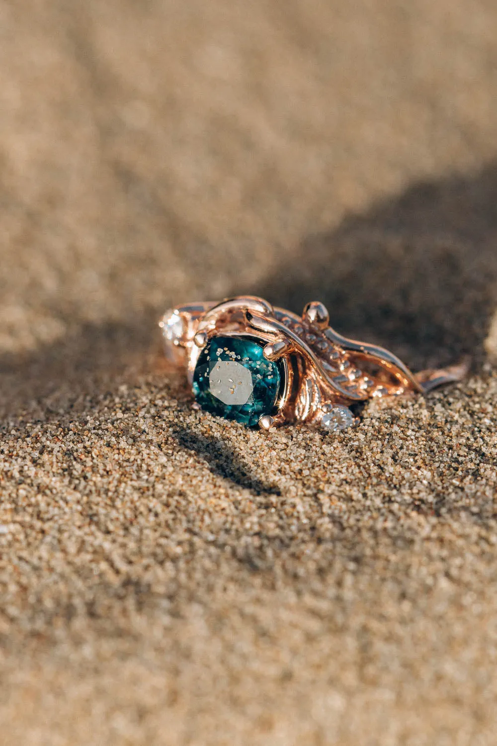 READY TO SHIP: Undina in 14K rose gold, natural teal sapphire, cushion cut, 6 mm, moissanites, RING SIZE 7 US