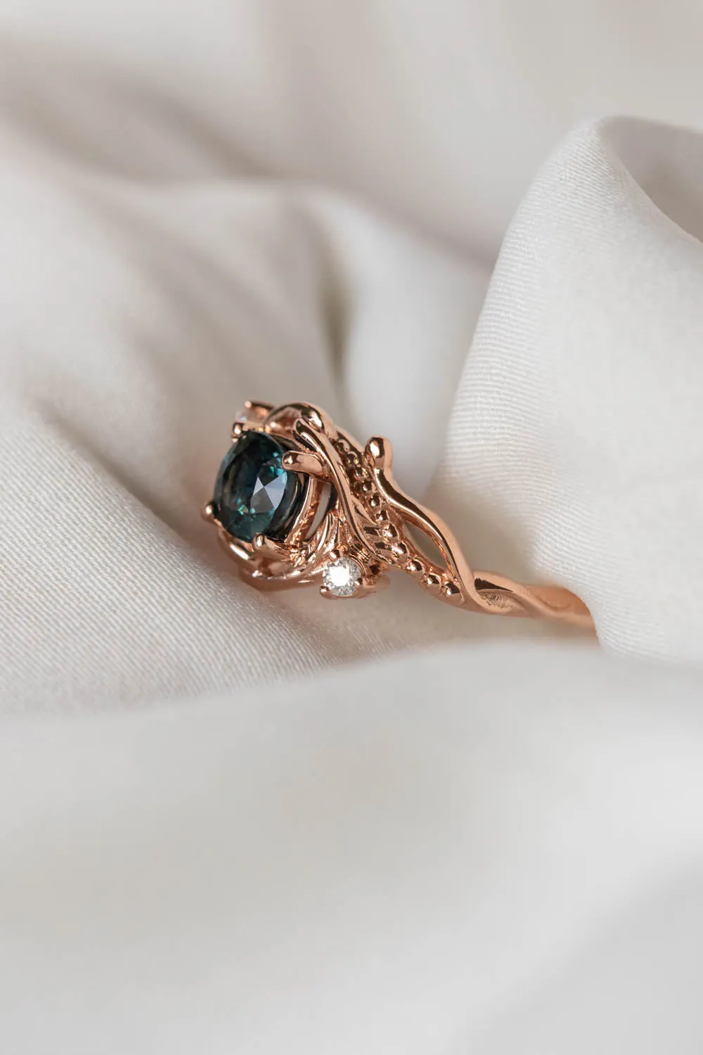 READY TO SHIP: Undina in 14K rose gold, natural teal sapphire, cushion cut, 6 mm, moissanites, RING SIZE 7 US