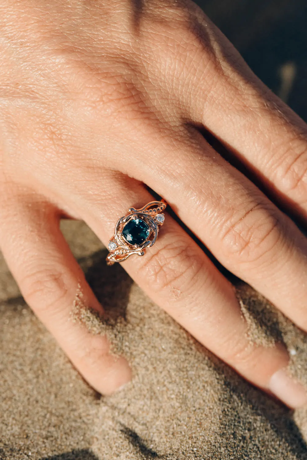 READY TO SHIP: Undina in 14K rose gold, natural teal sapphire, cushion cut, 6 mm, moissanites, RING SIZE 7 US