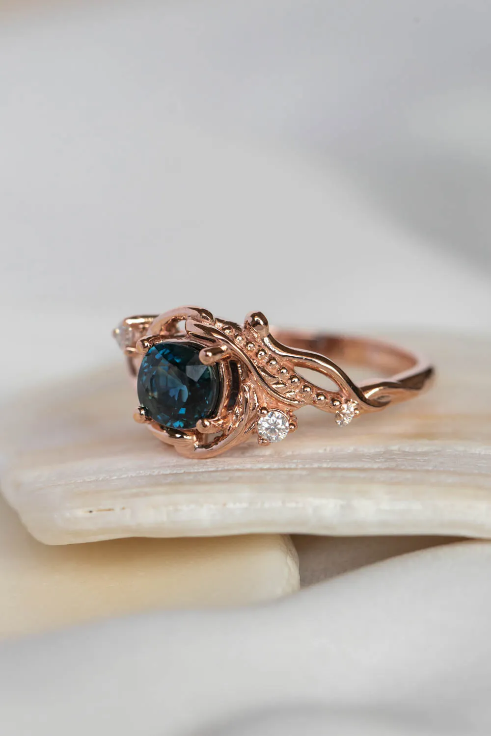 READY TO SHIP: Undina in 14K rose gold, natural teal sapphire, cushion cut, 6 mm, moissanites, RING SIZE 7 US