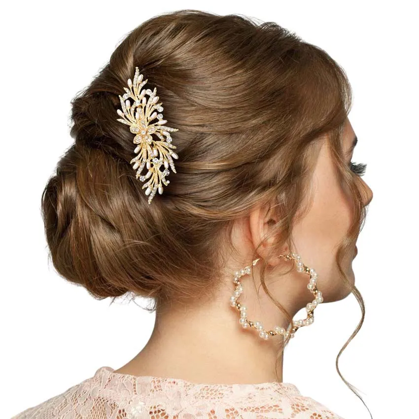 Rhinestone Embellished Flower Pearl Leaf Hair Comb