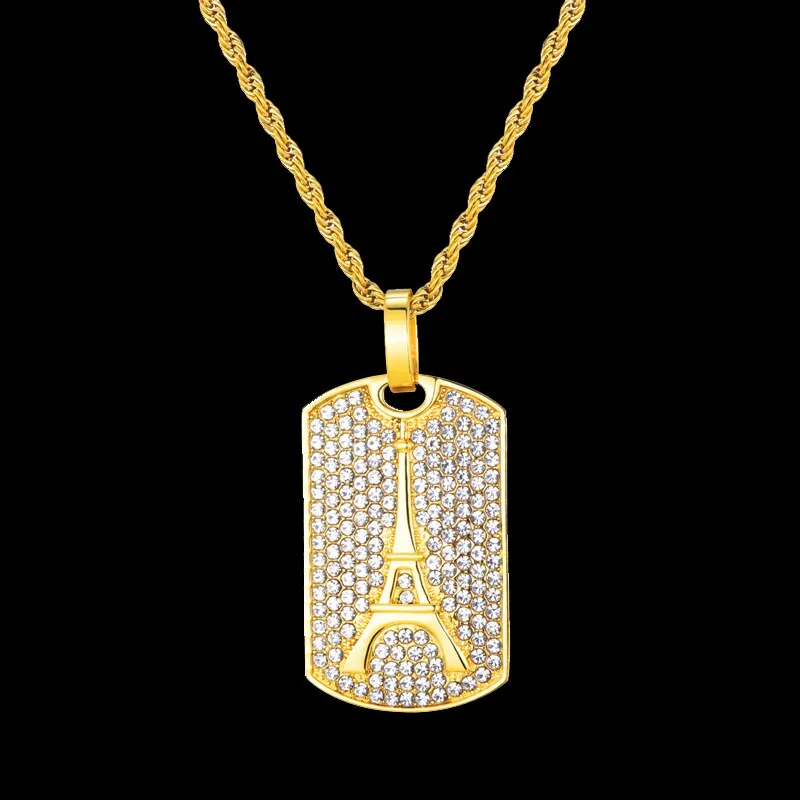 Rhinestone-Studded Eiffel Tower Bling 316L Stainless Steel Hip-hop Pendant Necklace