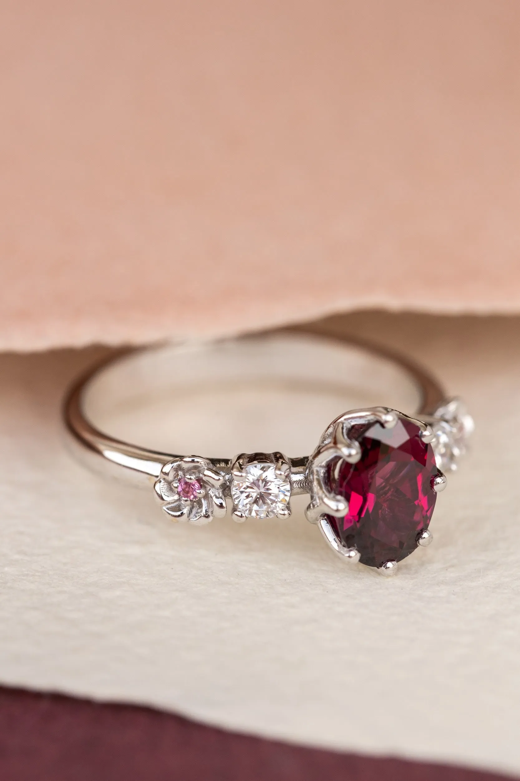 Rhodolite garnet engagement ring, white gold flower ring with diamonds and tourmalines / Fiorella