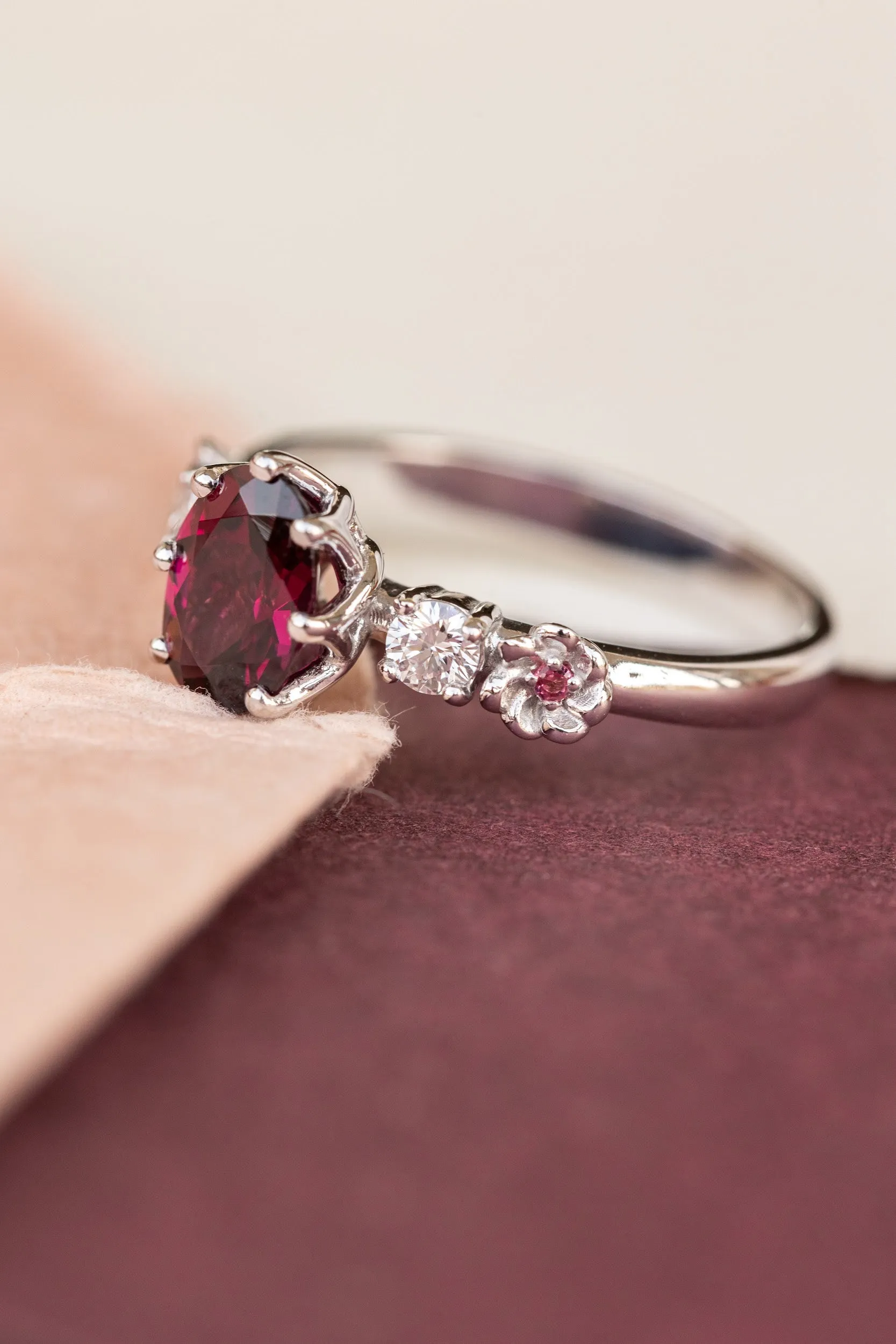 Rhodolite garnet engagement ring, white gold flower ring with diamonds and tourmalines / Fiorella