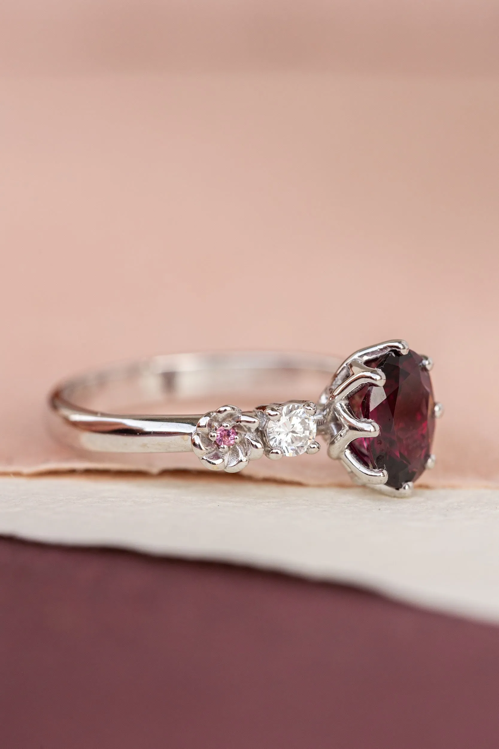 Rhodolite garnet engagement ring, white gold flower ring with diamonds and tourmalines / Fiorella